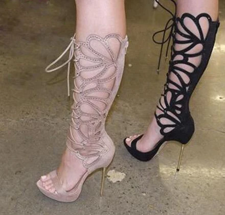 Crystal Straps Women Knee High Boots Open Toe Ladies Cut Out Gladiator Boots Metal Heel Female Dress Shoes Lace Up Front Shoes Crystal Straps Women Knee High Boots Open Toe Ladies Cut Out Gladiator Boots Metal Heel Female Dress Shoes Lace Up Front Shoes