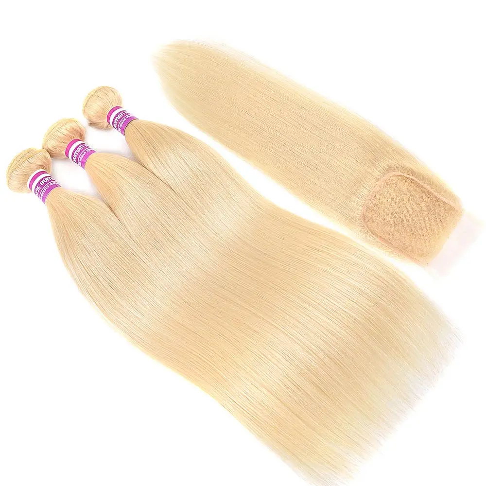 

SalonChat Honey Blonde 613 Bundles With Closure 100% Human Hair Brazilian Straight Blonde Bundles Remy Hair Extension
