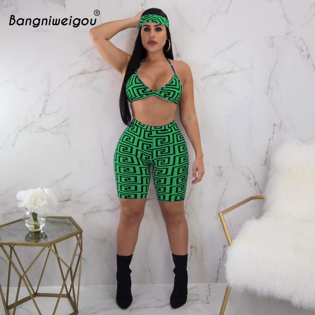 

Bangniweiogu Overlay Print 3 Piece Set Women Summer Bra Top Biker Shorts Tracksuit Sets Sexy Two Piece with Hairband Gym Outfits