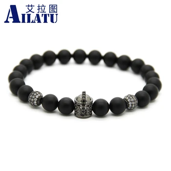 

Ailatu 8mm Natural Black Matte Stone Beads and Micro Pave CZ Double-face Hero Spartan Helmet Bracelet Pulseira Hombres