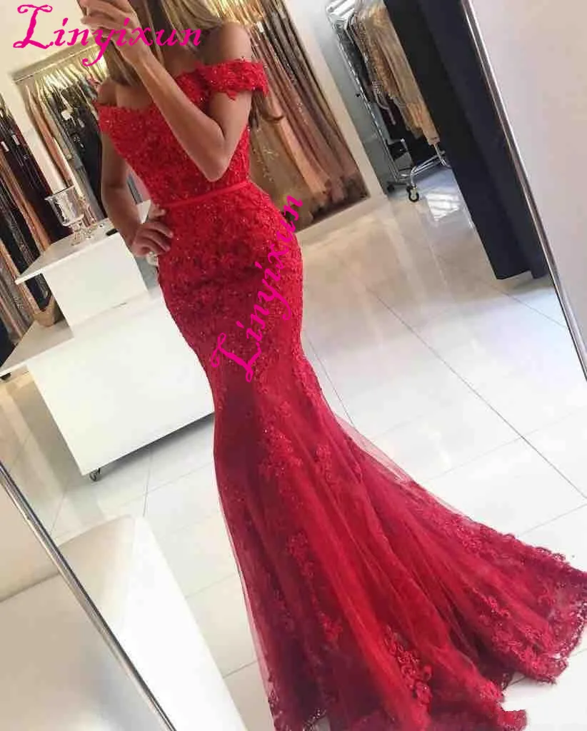 Linyixun красный гипюр юбка-годе платья для выпускного вечера новые бисерные Аппликации Тюль длинное вечернее платье Vestidos De Fiesta
