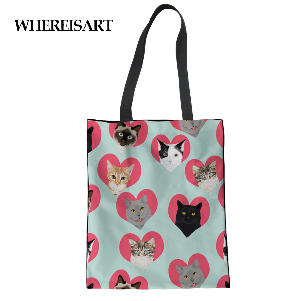 

WHEREISART Fashion Women Canvas Bags Spectacular Cats Printing Travel Shoulder Bag Tote Handbag Female Summer Beach Bag Bolsos