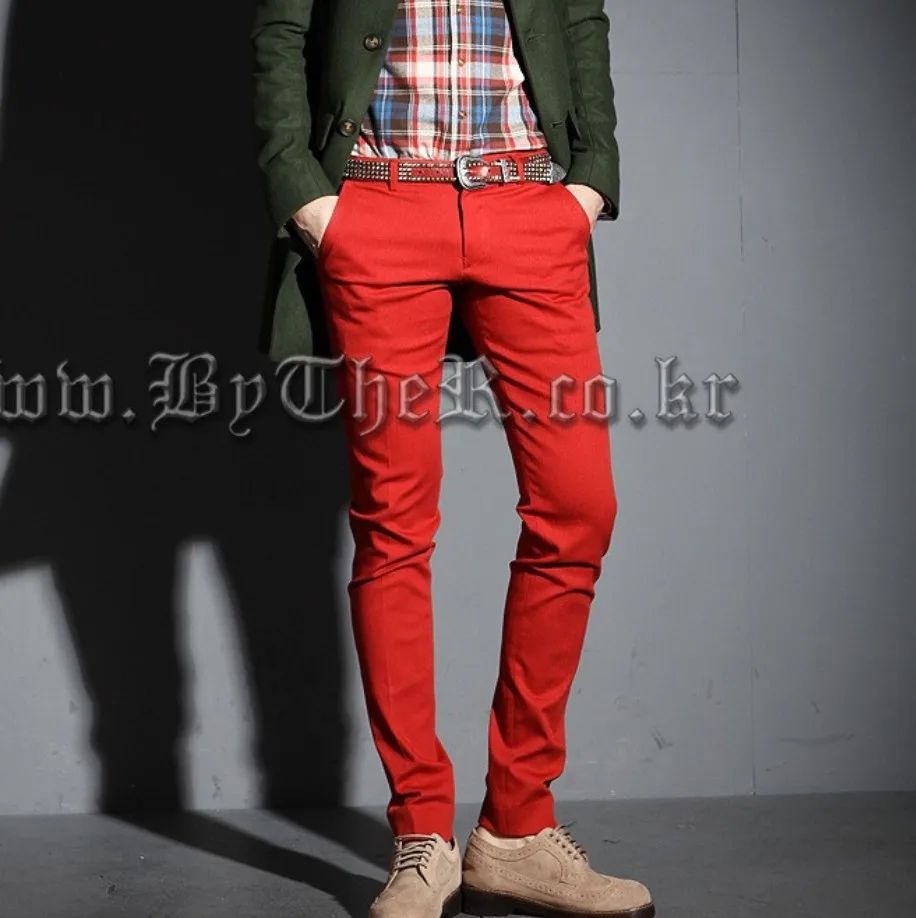 2014 male red slim casual pants fashion all match yellow pants male