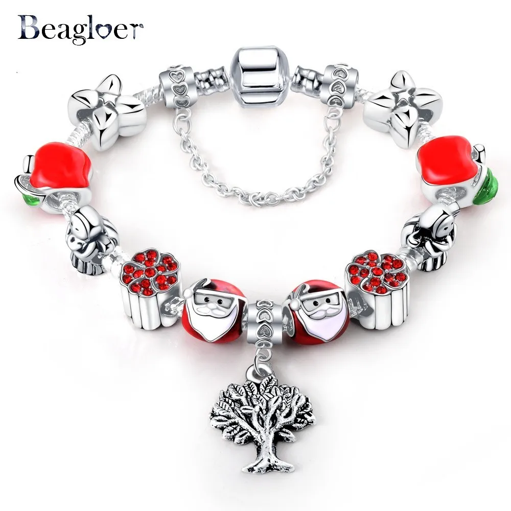 Beagloer Antique Silver Charm Bracelet &amp Bangle with Red Enamel/Crystal Ball Women Party 2017 Christmas Gift Jewelry PCBR0248 |