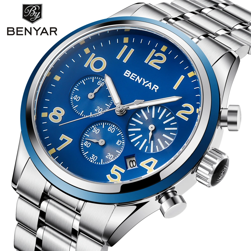 

Relogio feminino BENYAR New Luxury Brand All-steel Chronograph Men's Bracelet Display Date Men's Quartz Watch Business Watch Men