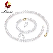 Lindo Мода белый натуральный пресноводный жемчуг ювелирные наборы для женщин Элегантный золотой цвет серебро 925 свадебное ожерелье 4 шт наборы