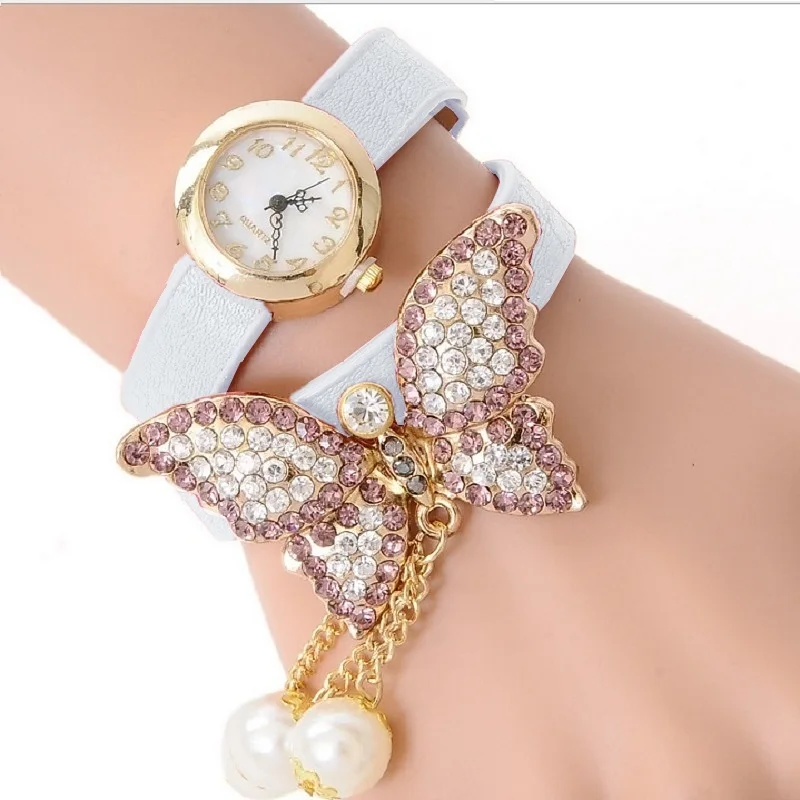 

Gnova Platinum Crystal Butterfly Strap Women Watch Pearls Charm PU Leather Bracelet wristwatch Rhinestone Quartz Relogio A723