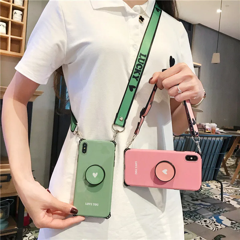 

Crossbody phone cases for iphone 11 pro X XR Xs max 6s 7 8plus love heart shell Foldable holder stand back cover with long strap