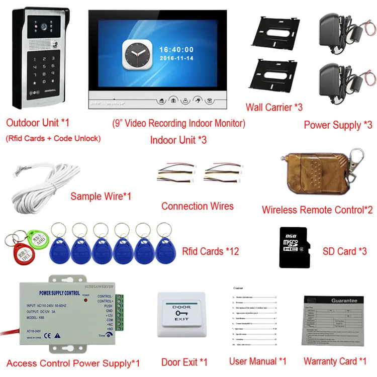 Запись видеозвонок с монитором 9 "цвет 3 единицы Клавиатура RFID камера домофон + дверной звонок с дистанционным управлением домофон