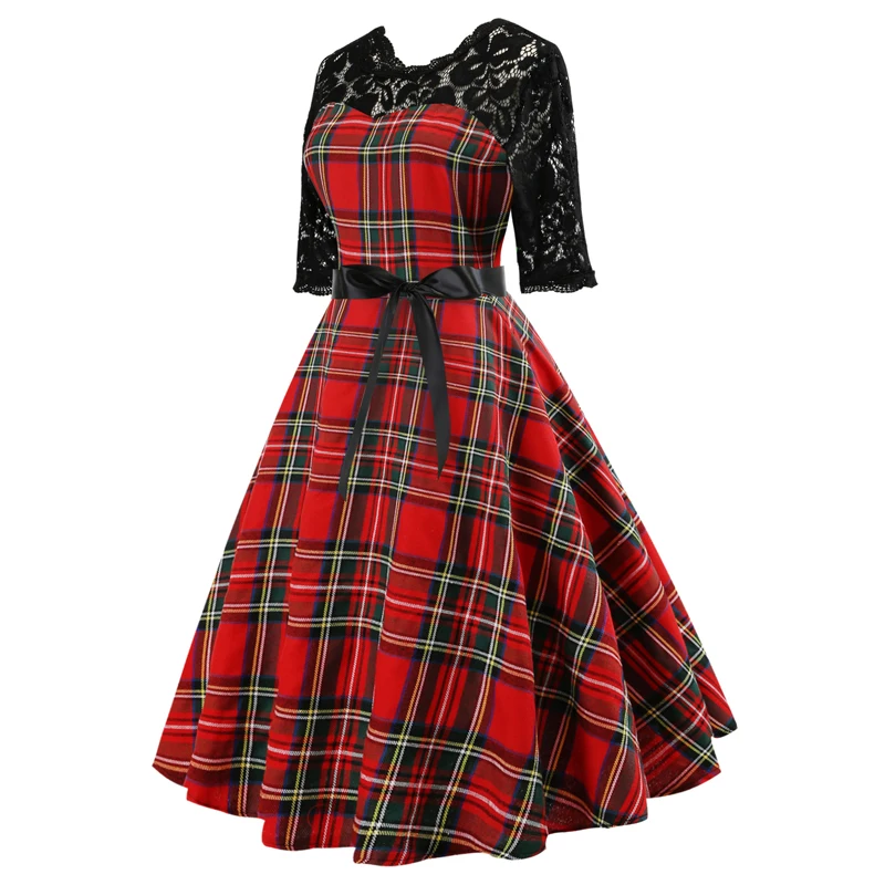 OTEN Tartan одежда для женщин с коротким рукавом кружево лоскутное красный плед gingham Винтаж рокабилли pin up Skater длина до колен Вечерние платья