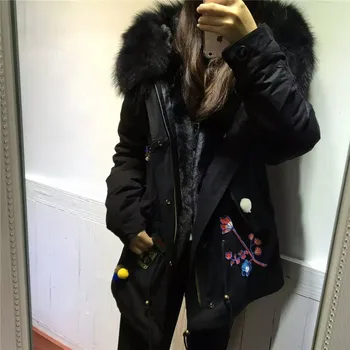 

All black patch design winter jacket women faux fur hooded coat outwear big raccoon fur short parka