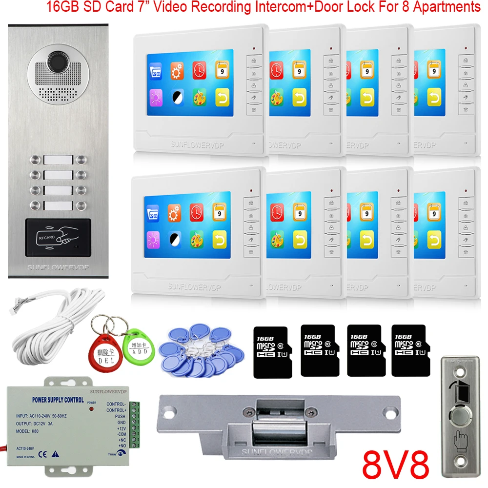Rfid 8/10/12 Multi Call Buttons Home Security Door Video Intercom 16GB Video Recording 7”Color Monitor Door Bell + Electric Lock Rfid 8/10/12 Multi Call Buttons Home Security Door Video Intercom 16GB Video Recording 7”Color Monitor Door Bell + Electric Lock