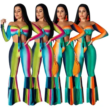 

Stylish Sexy Striped Print Strapless Off Shoulder Long Sleeve Bandage Short Tops High Waist Loose Pants Women Casual Suits