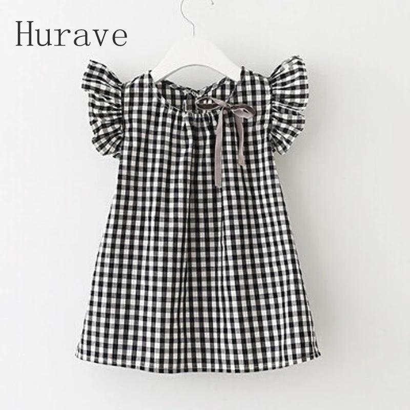 Hurave 2017 Summer Style New Fashion Black White Plaid Girl Dresses Puff Sleeve font b Baby