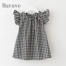 Hurave 2017 Summer Style New Fashion Black White Plaid Girl Dresses Puff Sleeve Baby Kids Clothing Casual Girl Dress Vestidos