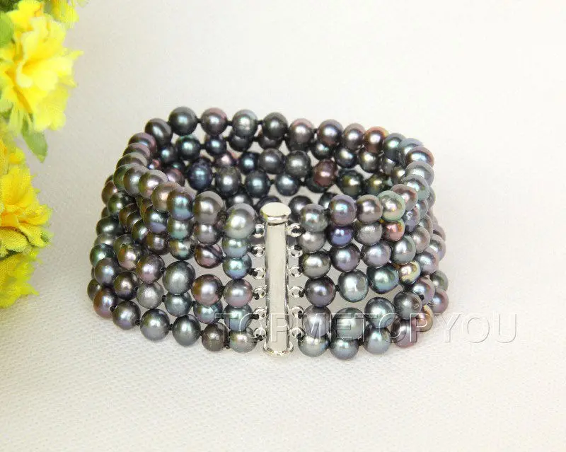 

Free Shipping >> Genuine 6row 8" 7mm black pearls bracelet magnet clasp E2666