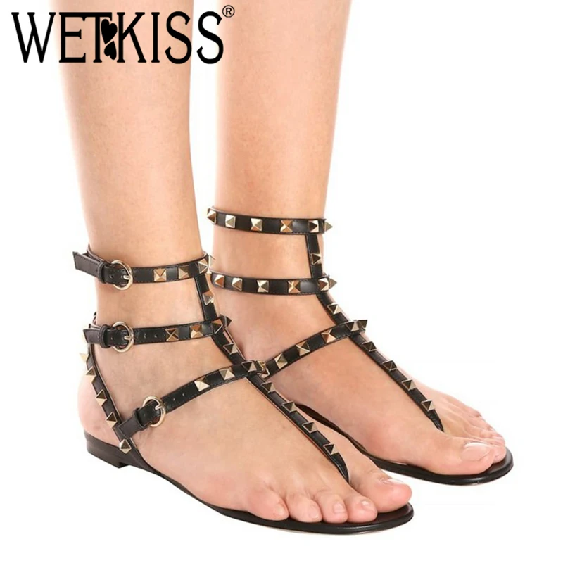 

WETKISS Gladiator Sandals Women Open Toe Buckle Footwear Flip Flop Flat Sandals Female Casual Studded Shoes Woman Summer 2019