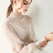 ##Special Price 2019 Spring Summer Women's Point Lotus Leaf Collar Blouse Long Sleeve Shining Elegant Shirt Fashion Women Tops Camisas Mujer ##Special Price 2019 Spring Summer Women's Point Lotus Leaf Collar Blouse Long Sleeve Shining Elegant Shirt Fashion Women Tops Camisas Mujer