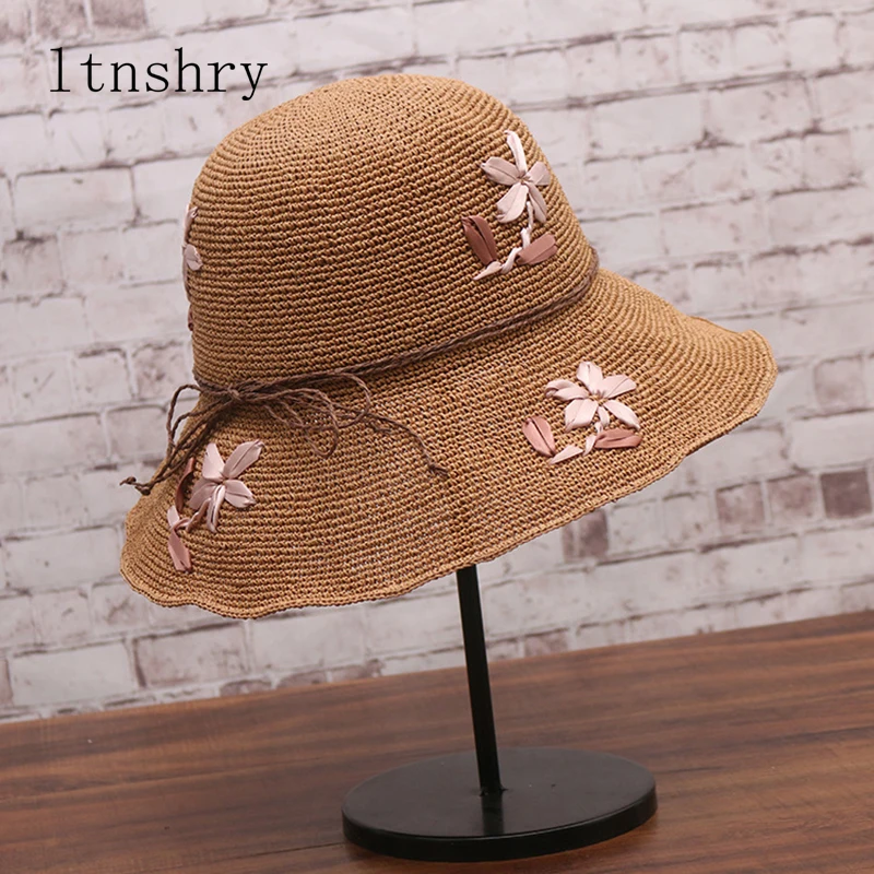 

Summer Wide side sun hat Visor flower brimmed striped Raffia Bucket cap Sun Hat Women beach cap fashion foldable hat panama hat
