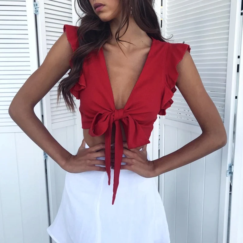 

New Women V Neck Ruffles Crop Tops Summer Lace Up Blouse Sleeveless Long Sleeve Shirt