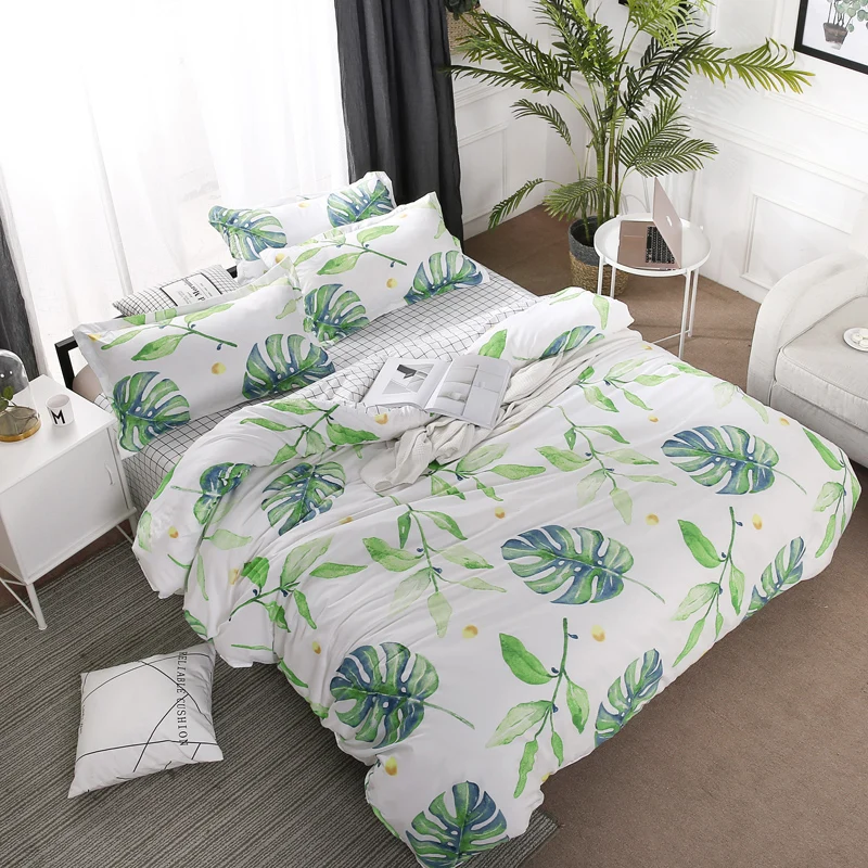 

Home Textile Green Leaves Bedding Set 3/4pcs Geometric Bed Set White Grid Duvet Cover Set Brief Bed Linen Flat Sheet Pillowcase