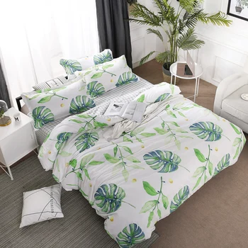 

Home Textile Green Leaves Bedding Set 3/4pcs Geometric Bed Set White Grid Duvet Cover Set Brief Bed Linen Flat Sheet Pillowcase
