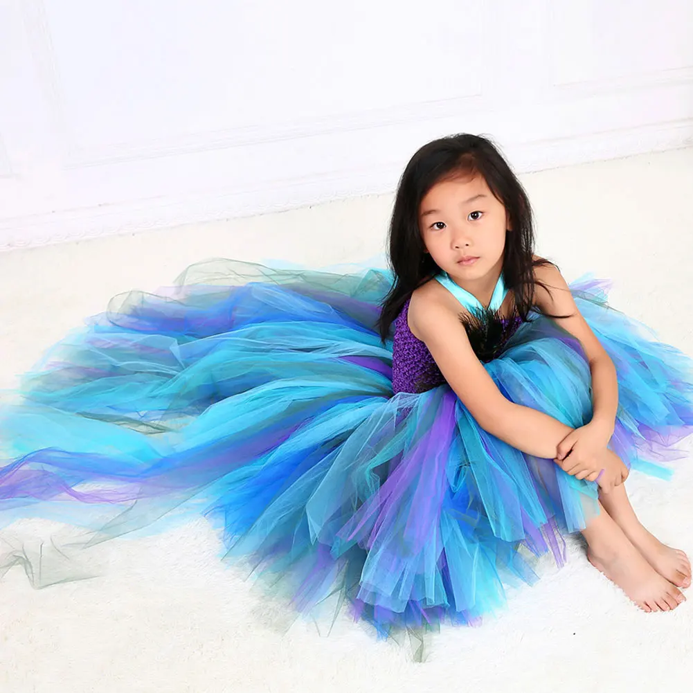 

Girls Ages 1-8 Cute Sleeveless Peacock Fancy Feather Princess Tutu Costume Dress