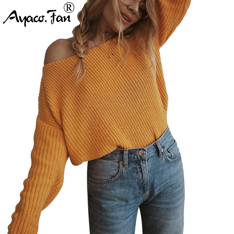 

Sexy Off Shoulder Loose Women Sweaters 2019 Autumn Winter New Slash neck Solid Batwing Knitted Pullovers Slim Lady Warm Sweater