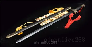 

39"BLACK SAYA DAMASCUS FOLDED STEEL SHARP CHINESE SWORD HAS PHOENIX