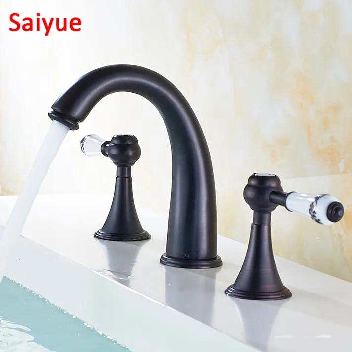 

New White blue procelain handle Deck-mounted Widespread Black Antique Brass 3 Pcs Bathroom Faucet Lavatory Basin Sink Mixer Tap