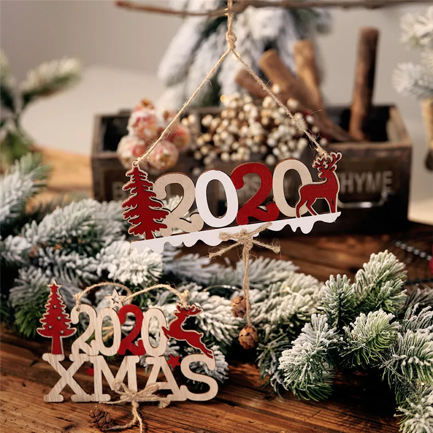 

New 2020 Xmas Wooden Ornament Christmas Decoration Pendant New Year Home Decoration 3D 2020 Xmas Christmas Tree Hanging Ornament