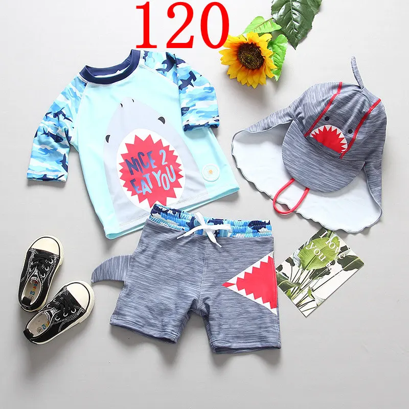 SIZE 120 Новинка года, летний купальный костюм для маленьких мальчиков+ шапочка, 3 предмета, купальный костюм с героями мультфильмов детский купальный костюм с длинными рукавами для младенцев и детей постарше, детский купальный костюм для спа-пляжа - Цвет: SIZE 120
