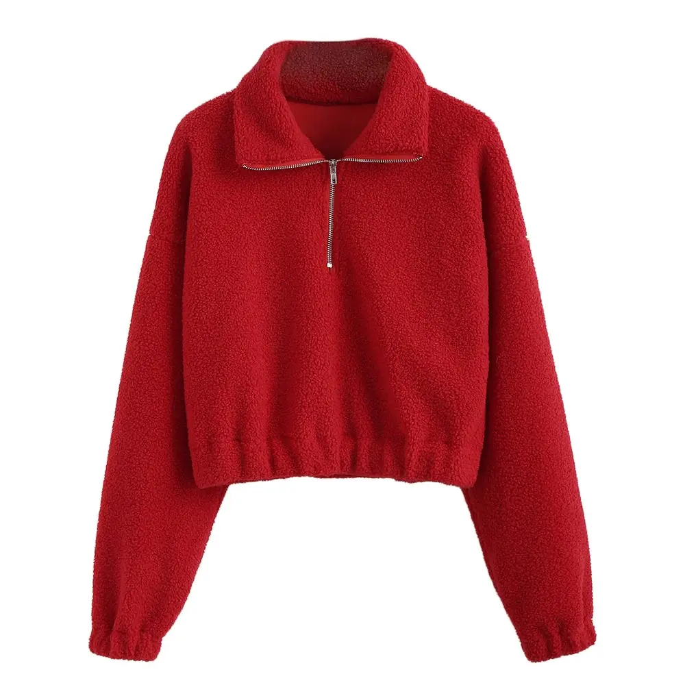 ZAFUL простой искусственный свитер с мехом на молнии, свитшоты из шерпы, толстовки, женская одежда, одноцветные женские топы - Цвет: Red