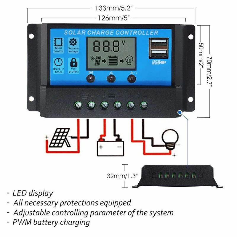 

60A/50A/40A/30A/20A/10A 12V 24V Auto Solar Charge Controller PWM With LCD Dual USB 5V Output Solar Cell Panel Regulator PV Home