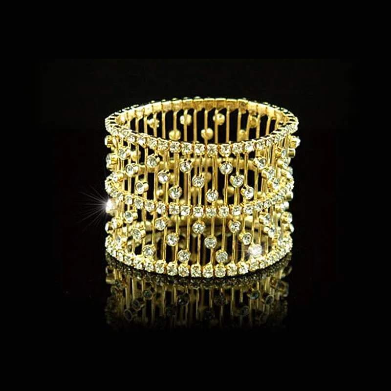 

Bridesmaid Bridal Wedding Stretch Crystal Gold Color Metal Bangle Bracelet CB006