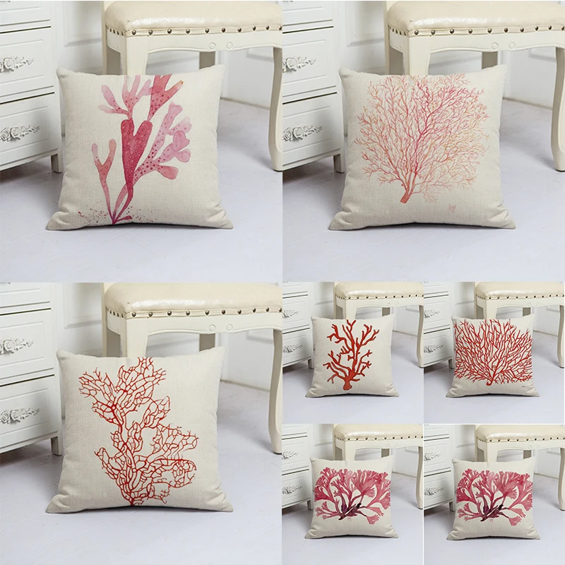 

Red Coral Linen Printed Plants Cushion Cover 45x45cm Seaweed Throw Pillow Covers Pink Sea Plants Pillowcases cuscini decorativi