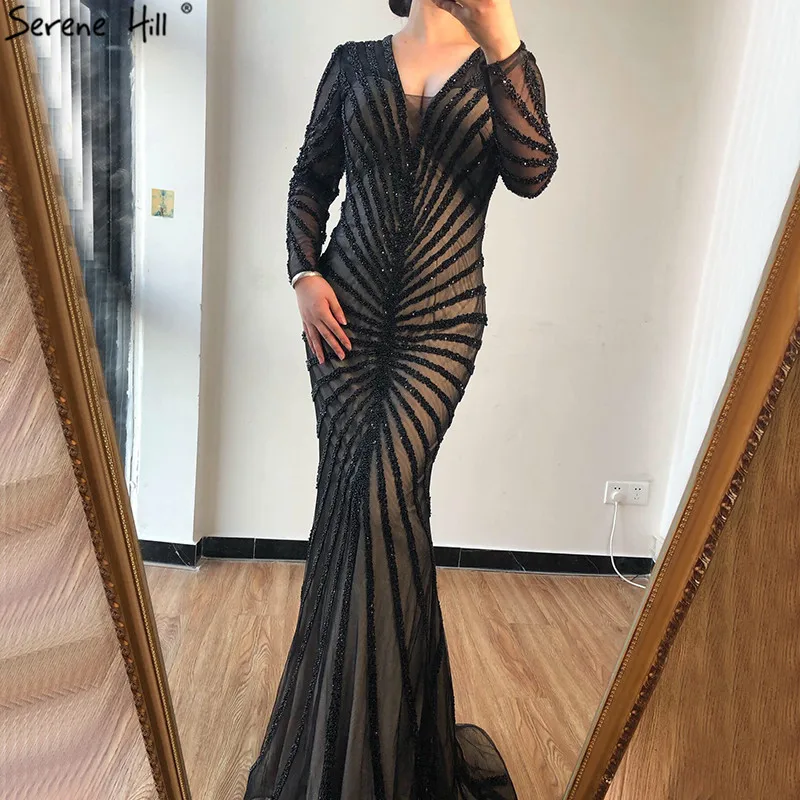 Дубай, роскошные черные вечерние платья с v-образным вырезом, Русалка,, длинный рукав, тюль, бисер, кристалл, вечерние платья, настоящая фотография LA70183