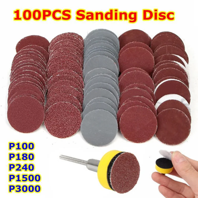 

100PCS 25mm Sander Disc Sanding Disc Sandpaper + 1PC 25mm Loop Sanding Pad + 1PC 50*3mm Shank Grits 100/180/240/1500/3000