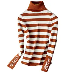 Высокое качество с вышивкой с надписями полосатые толстые свитера осень мягкие женские пуловеры Водолазка вязаная зимняя теплый свитер 2018