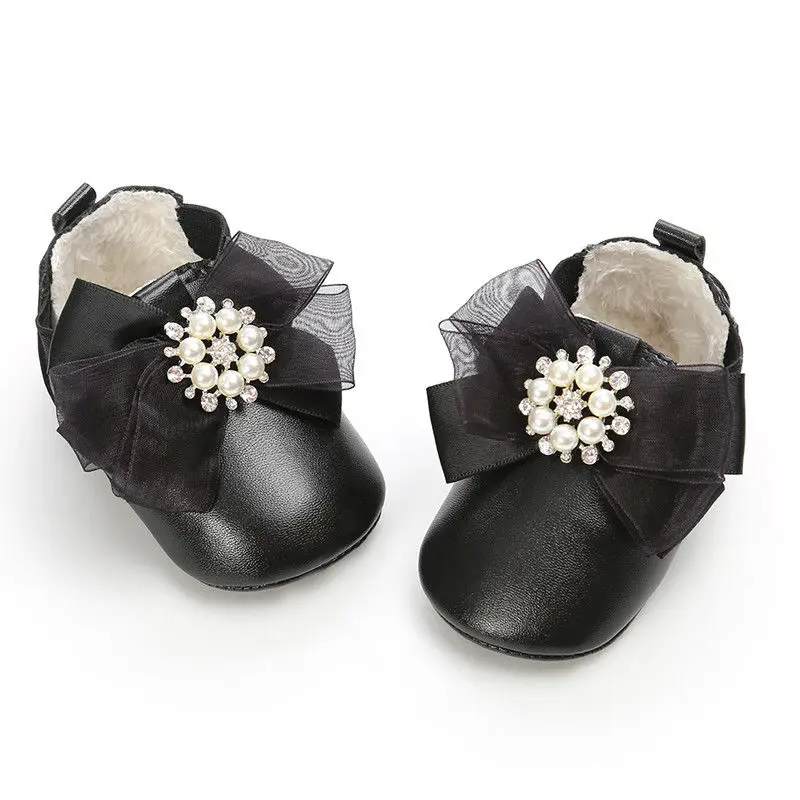 Осенне-зимняя обувь для маленьких девочек и мальчиков 0-18 месяцев; обувь принцессы с принтом банта на мягкой подошве; 4 стиля - Цвет: Черный