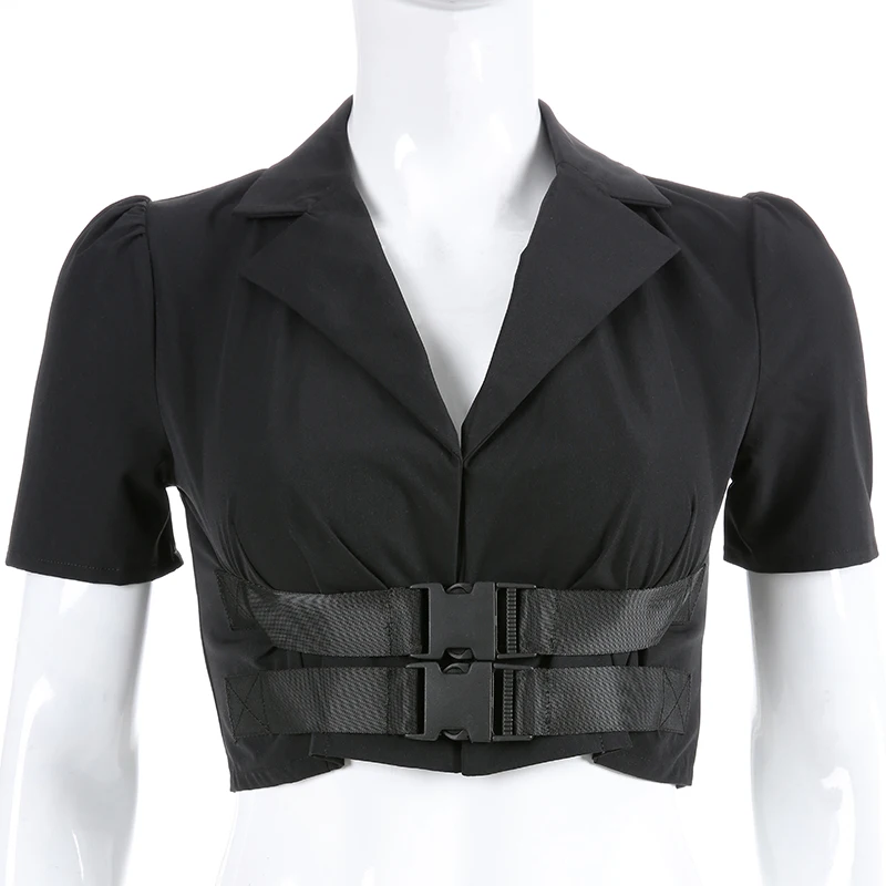 Very best  Sweetown Black Wide-Waisted Jacket Summer 2019 Women Turn-Down Collar Crop Jackets Plastic Buckle S