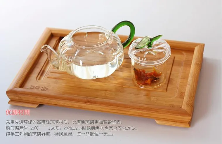 Стеклянный чайник с зелеными листьями 600 мл, стеклянный чайник в форме тыквы
