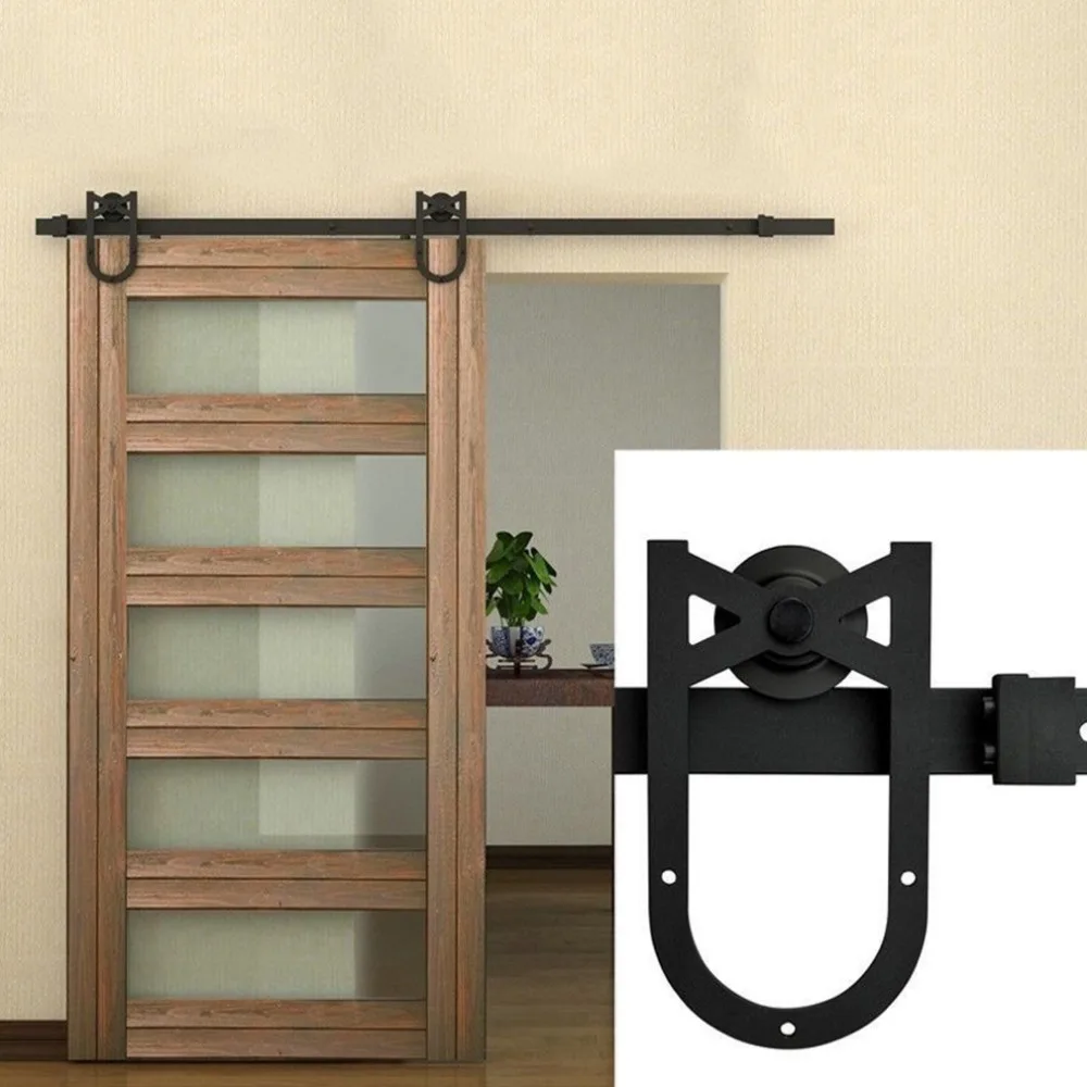 

Newest Black Dark coffee Steel Durable Practical 6ft Antique Steel Horseshoe Barn Wood Sliding Door Hardware Track Set