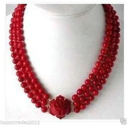 

FREE shipping>>>>>X238 3 Rows Red Coral Beads Flower Pendant Clasp Necklace #1156