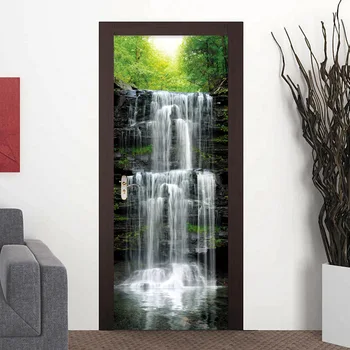 PVC Self-Adhesive Waterproof Door Sticker Classic Waterfalls Landscape Murals Wallpaper Living Room Creative DIY Wall Sticker 3D door stickers landscape waterproof living room bedroom door wallpaper self adhesive art wall decals imitation 3d wall sticker