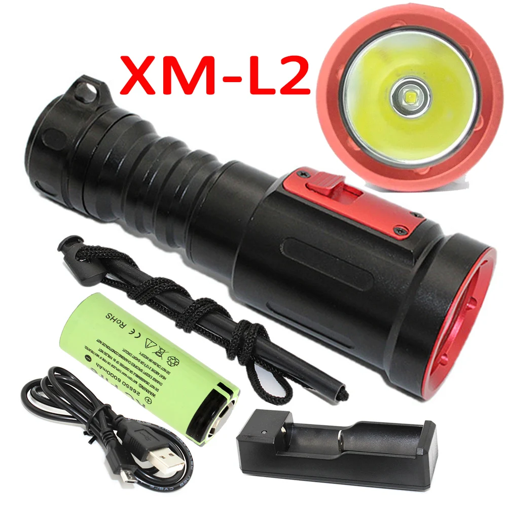 

1200LM 10W LED Diving Flashlight XM-L2 LED Lamp Lantern Searchlight Underwater Waterproof Torch +26650 Battery +Charger
