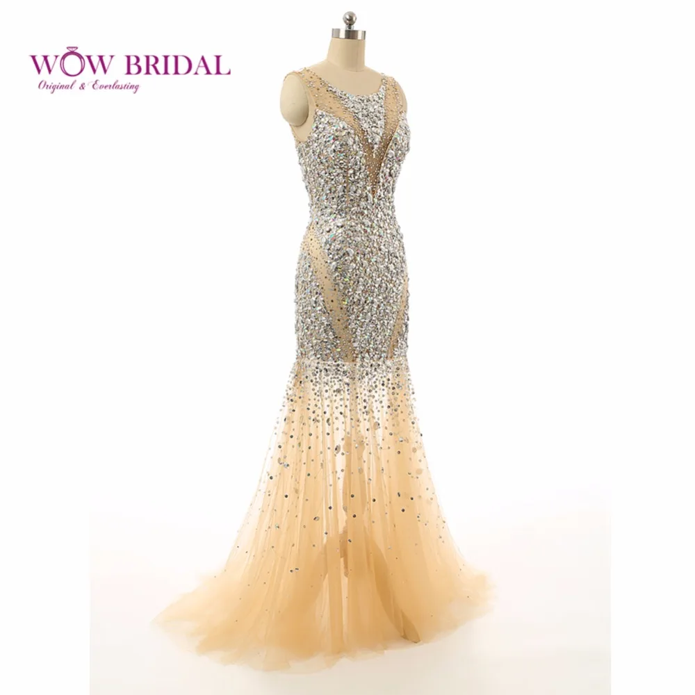Wowbridal Бисера Кристалл Рукавов Русалка Тюль Вечернее Платье Длинные 2016 Суд Поезд