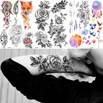 YURAN Women Beauty Black Pencil Sketch Flower Tattoos Temporary Fake Plum Blossom Arm Tatto Stickers Waterproof Rose Neck Tattoo