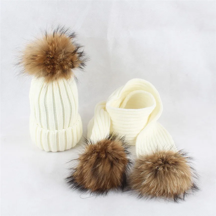 

Warm Baby's Cap+Scarf Baby Winter Warm Toddler Knitted Beanie Hair ball Kids Girls Boys Hat Colorful For 3~8 years old Sep#2