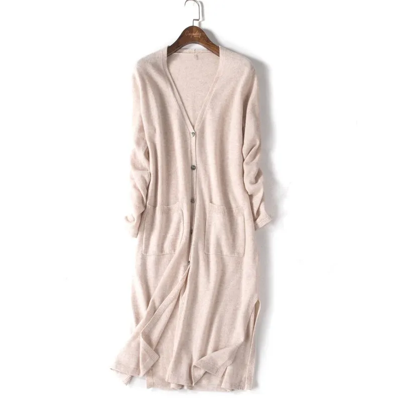 LHZSYY New Women Long Cardigan Double pocket Autumn and Winter Cashmere Sweater knitting Large size Wool Cardigan Slim Wild Coat